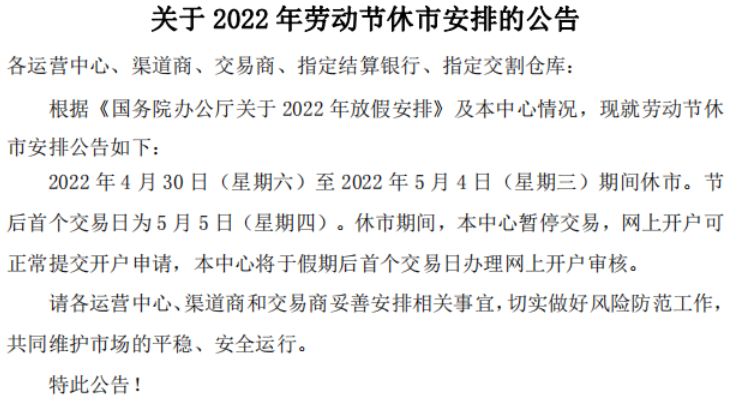 西藏锦绣现货关于2022年劳动节休市安排的公告